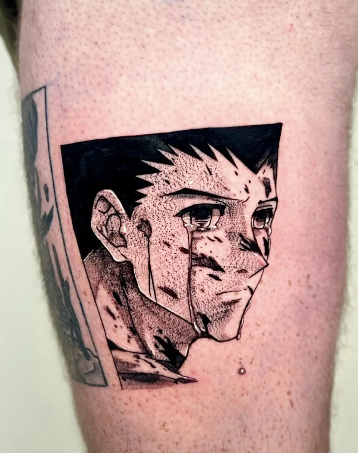 Emotional anime character portrait with tear and detailed shading by Sara at Omnia Tattoo Melbourne